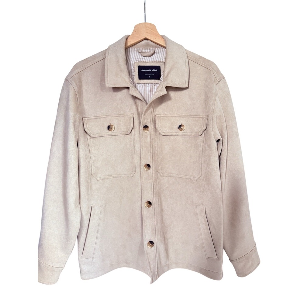 Abercrombie & Fitch Mens Faux Suede Shirt Jacket Trucker Shacket Tan Beige S